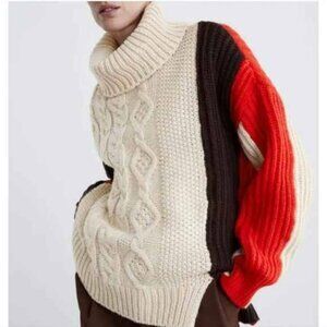 Zara cable-knit turtleneck color block sweater